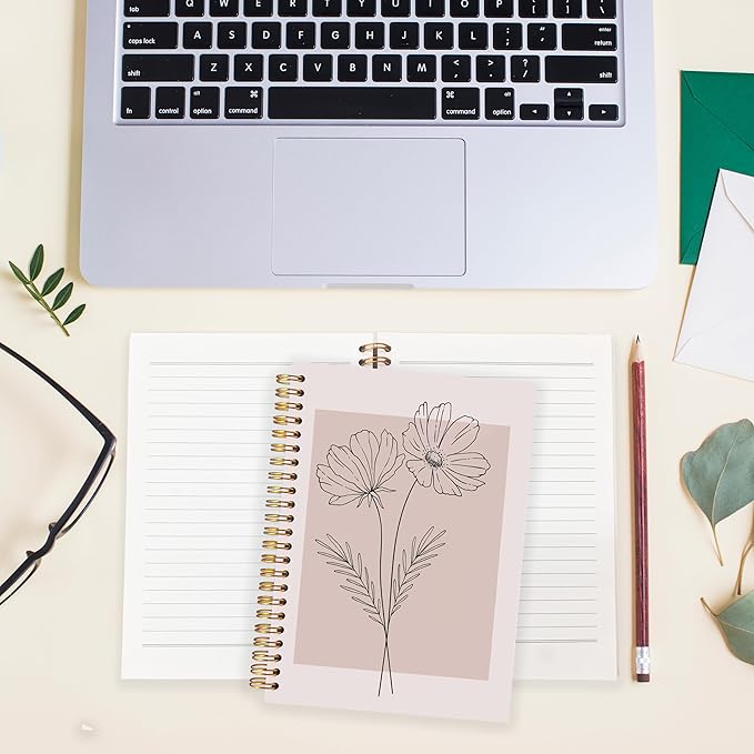 BearCake Pink Aesthetic Notebook Journal for Women, Minimalist Boho Floral Notebook, Pink Aesthetic Office Supplies, Pink Hardcover Spiral Journal Notebook 5.5x8.3