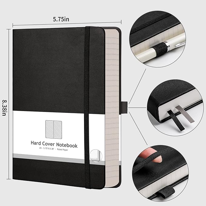 AHGXG Thick Journal Lined Notebook - 320 Numbered Pages Journal for Writing A5 Notebook College Ruled, 100gsm Lined Paper, Leather Hardcover, for Women Men Work Office School, 5.75'' X 8.38''-Black