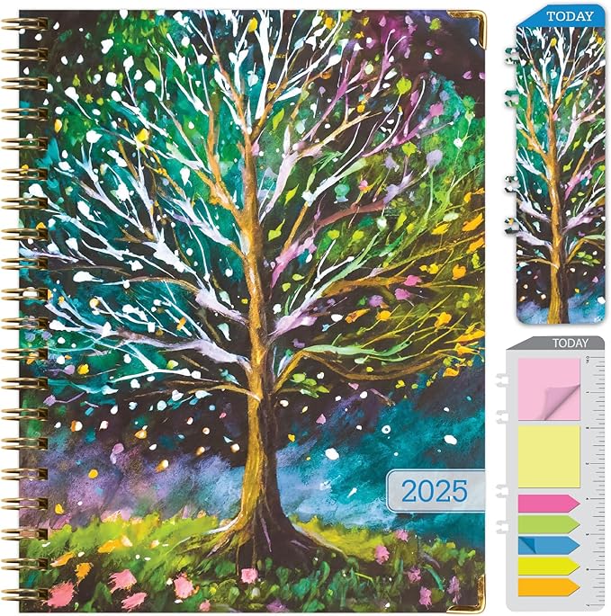 HARDCOVER 2025 Planner, 8.5"x11": 14 Months (November 2024 - December 2025), Daily Weekly Monthly Planner, Yearly Agenda, Bookmark, Pocket Folder and Sticky Note Set (Black Tree Seasons)