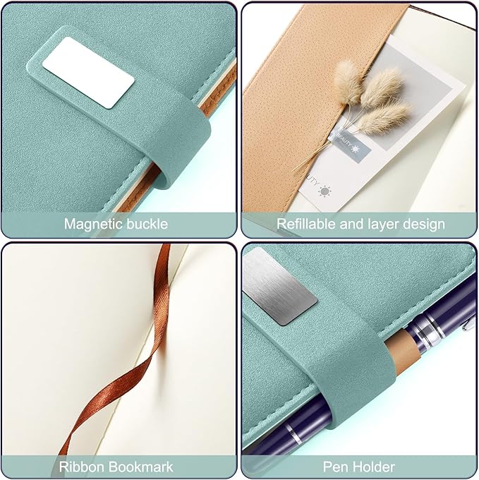 A5 Blank Journal Notebook, Refillable Hardcover Leather Sketchbook with Pocket and Magnetic Buckle, 240 Pages Thick Travel Sketchbooks for Drawing and Writing, 80gsm Unlined Journal for Men and Women