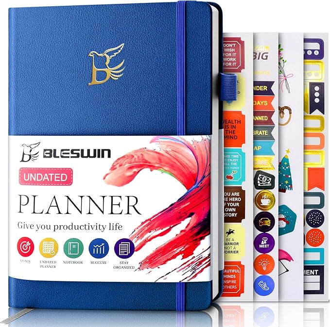 Leather Planner Monthly & Weekly 5.7"x8.5", Undated Productivity & Business Planner, Academic Planner to Boost Productivity, Undated School Planner Notebooks for Women Men with Note Pages