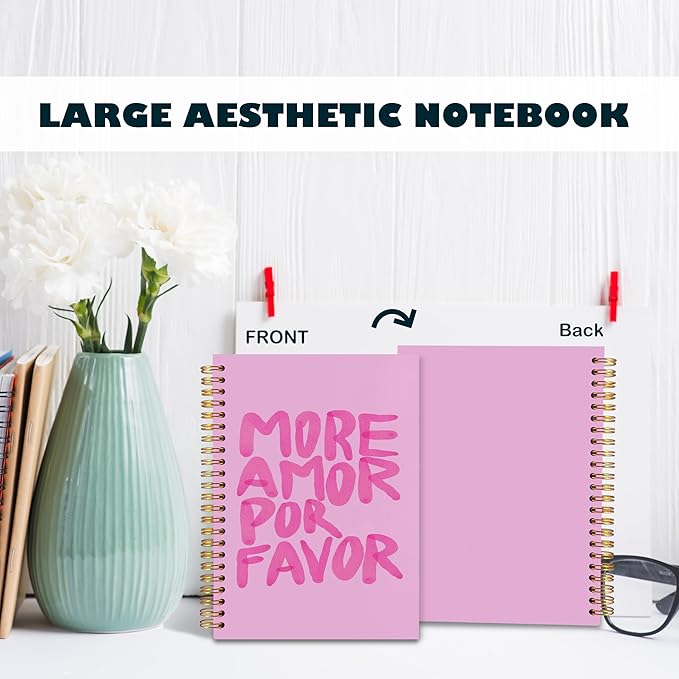 BearCake More Amore Por Favor Inspirational Notebooks, Pink Notebook Journal, Cute Trendy Notebook, Aesthetic Notebook, Notebooks for Work Note Taking, Hardcover Spiral Notebook 5.5x8.3