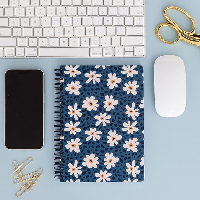 Steel Mill & Co Cute Mini Spiral Notebook, 8.25" x 6.25" Journal with Durable Hardcover and 160 Lined Pages (Leopard Daisy)
