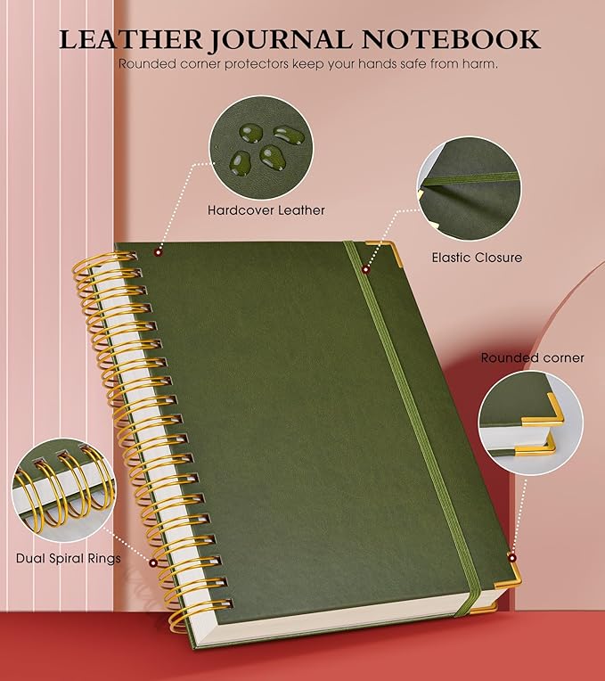 Spiral Notebook Journal 8.5” x 11”, 300 Pages Hardcover Leather Lined Journals for Women Men, A4 Large College Ruled Notebooks with 100 GSM Thick Paper, Spiral Journal for Writing Work, Olive Green