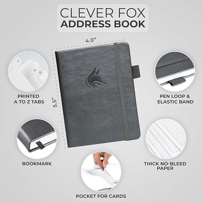 Clever Fox Address Book with alphabetic tabs - PU Leather Telephone and Address Book for Keeping Contacts Safe, Contact Organizer Journal, Small Size (4.0″ x 5.5″), Hardcover, Silver Black