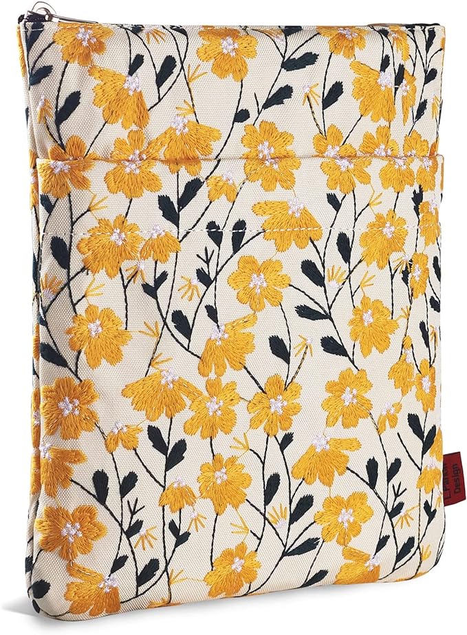 LParkin Daisy Flower Embroidery Book Sleeve with Zipper for Readers Protector Cover Gift for Book Lovers, 11x 8.5 Inch Washable Fabric, Daisy Yellow (Yellow)