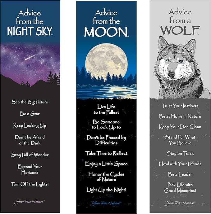 Advice from Nature 3 Bookmark Night Set, Laminated with Glossy Finish, Printed on Recycled Paper - Wolf, Moon, Night Sky (AMBM-NIGHT)