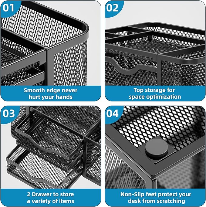 Marbrasse Mesh Desk Organizer, Pen Organizer with 2 Drawer, Multi-Functional Pencil Holder for Desk, Desk Organizers and Accessories with 5 Compartments + Drawer for Office Art Supplies (Black)