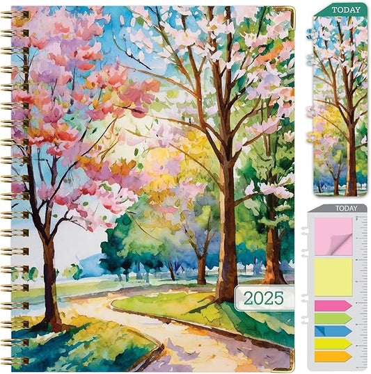HARDCOVER 2025 Planner, 8.5"x11": 14 Months (November 2024 - December 2025), Daily Weekly Monthly Planner, Yearly Agenda, Bookmark, Pocket Folder and Sticky Note Set (Watercolor Tree)