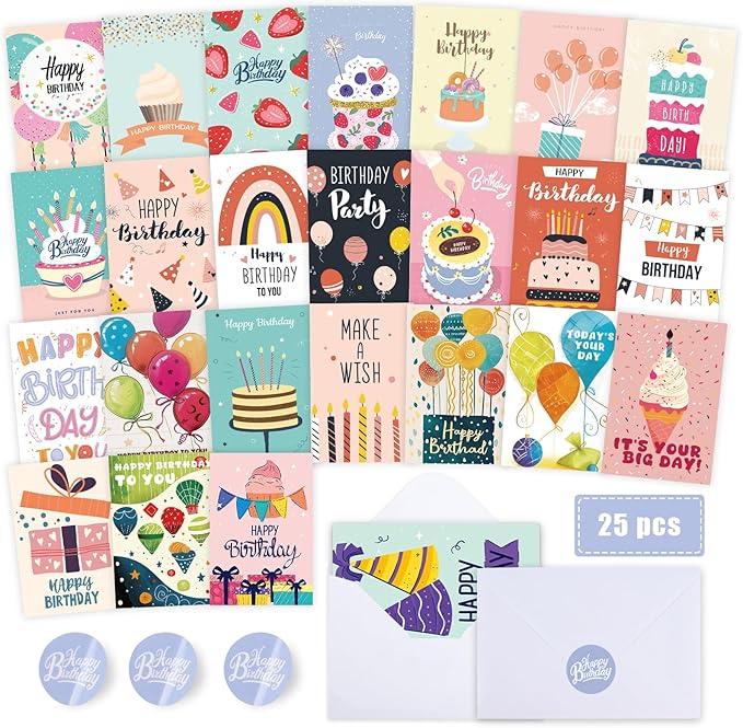 Birthday Cards,25 Pcs Blank Cards with Envelopes & Stickers,25 Design,4x6 Inches Happy Birthday Card,Birthday Card for Kids,Friends,Family and Colleagues
