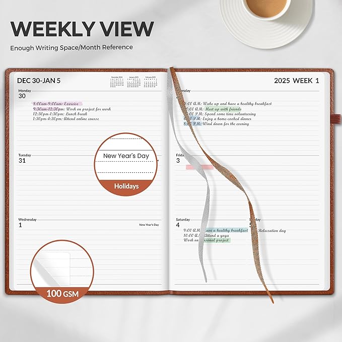SUNEE 2025 Weekly & Monthly Hardcover Planner 8" x 11" - 12 Month (January 2025 - December 2025), Small Hardcover Planner, Pocket, Notes, 100 GSM Paper, Brown