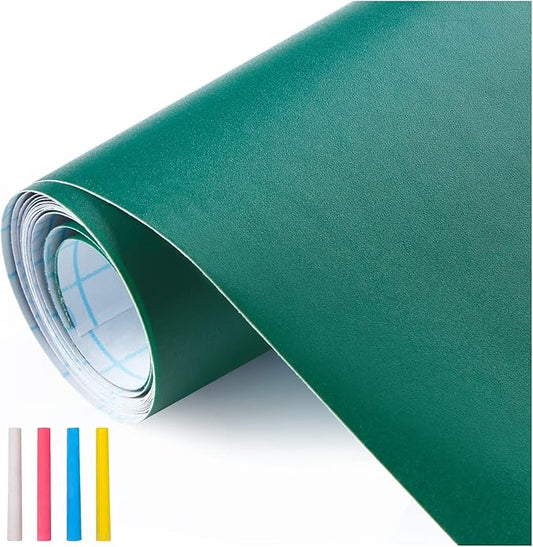 Chalkboard Wallpaper Stick and Peel: Green Contact Paper Classroom Chalkboard Stickers Chalk Board Paint Self Adhesive Wall Paper with 8 Colorful Chalks (17.5 X 78.7 Inches)