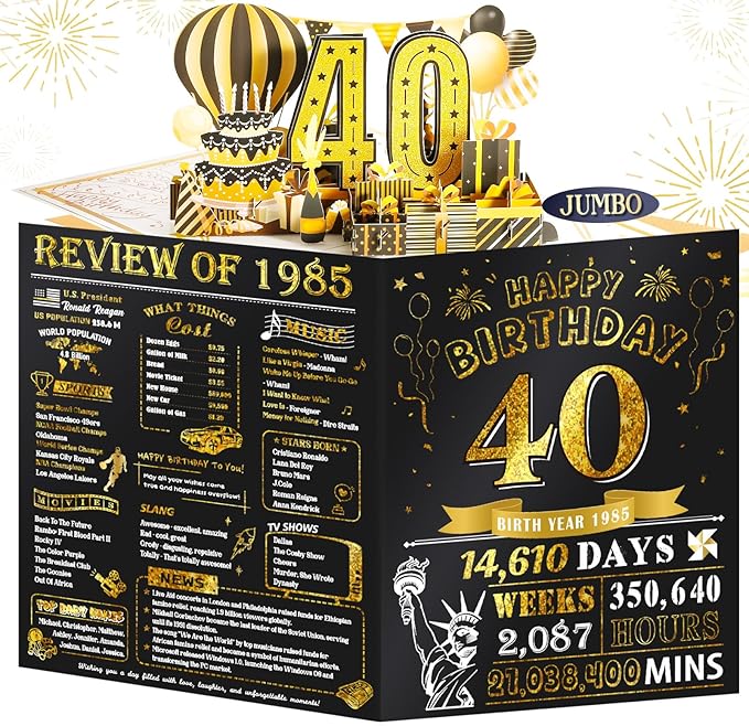 40th Birthday Card for Women Men, Jumbo Pop Up 40th Birthday Cards for Her Him, Happy 40th Birthday Decorations for 40 Year Old Women Men Funny Birthday Gifts, Review of 1985, Black Gold
