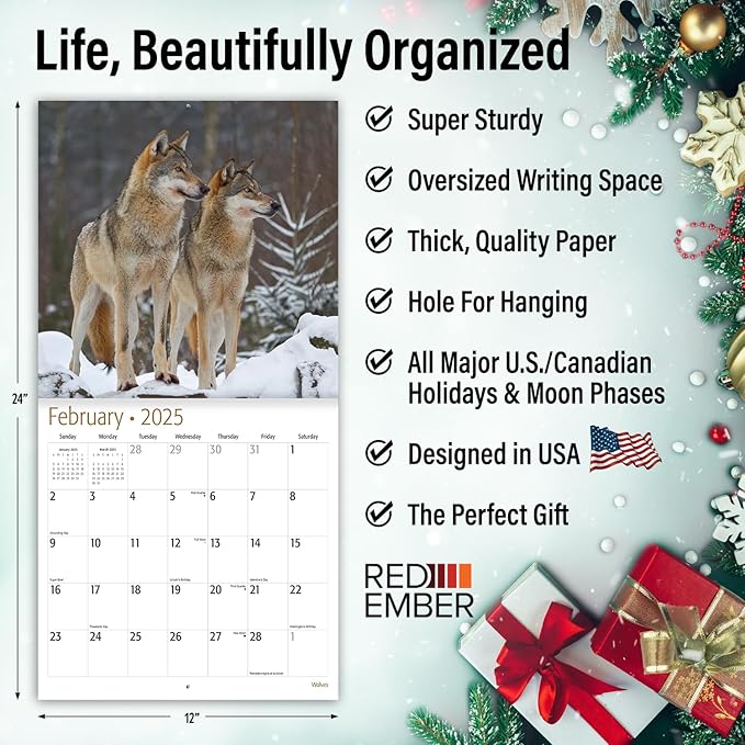RED EMBER Select - Wolves 2025 Wall Calendar 12 Month | 12" x 24" Open | Thick & Sturdy Paper | Giftable | Calendar 2025