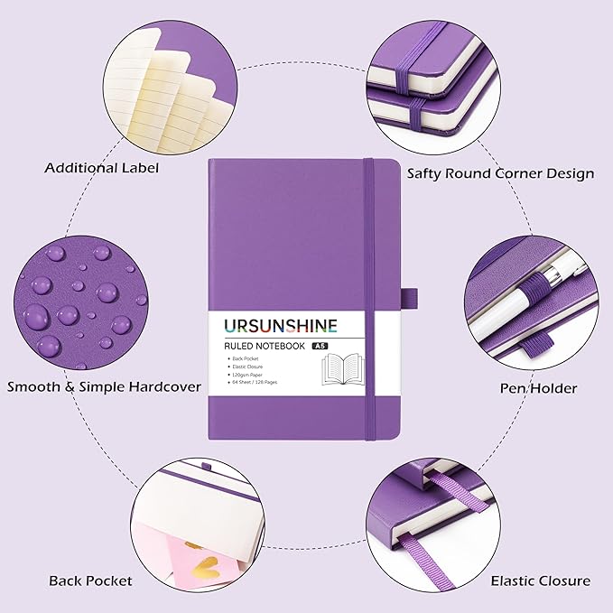 Ruled Notebook/Journal - Classic Lined Journal/Notebook, 5.3'' x 8.26'', Hardcover with Thick Paper, Banded + Pen Holder +Inner Pocket - Lavender