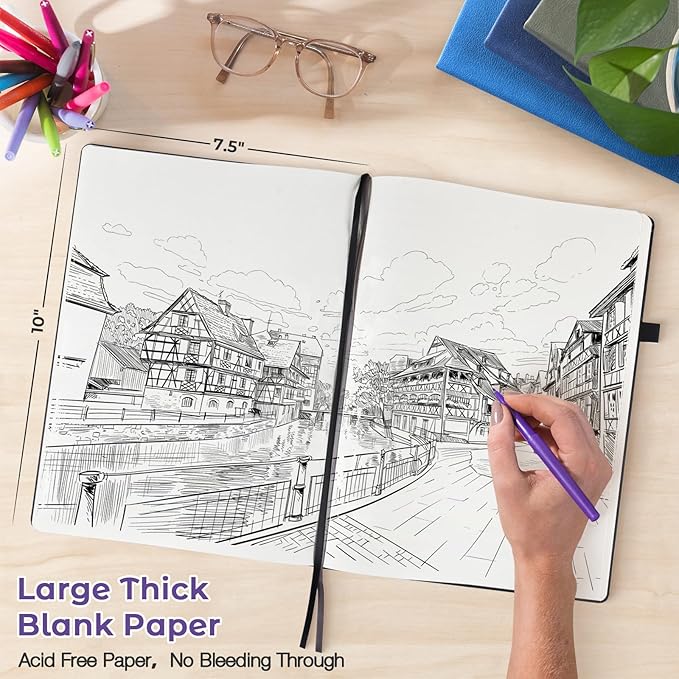 Blank Notebook, Hardcover Sketch Book, 8.5" x 11" Large Blank Journal, No Bleed Thick Paper Sketchbook for Drawing, Unlined Notebook Journal for Women Men, A4 Leather Sketchbook, Lay Flat, Purple