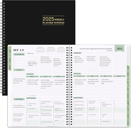 2025 Planner - Weekly & Monthly Planner Notepad 2025, 11.38'' x 8.74'', JAN 2025 - DEC 2025, Appointment Book, 60 Minutes Intervals, Monthly Tabs, Sturdy Cover, Spiral Bound, Back Pockets - Black
