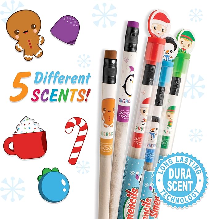 Holiday Smencils - HB #2 Patented Gourmet Scented Fun Pencils, 5 Count - Stocking Stuffer, Gifts for Kids, School Supplies, Party Favors, Classroom Rewards