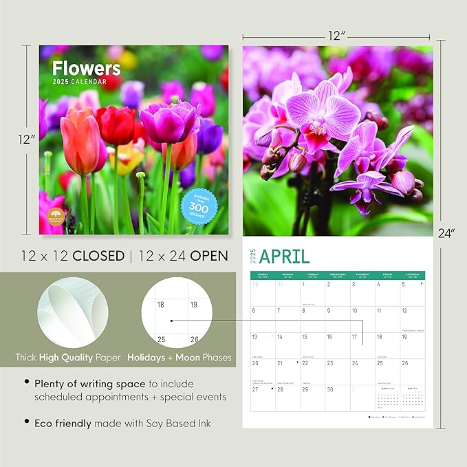 2025 Flowers Monthly Wall Calendar by Bright Day, Includes Over 300 Stickers, 12 x 12 Inch