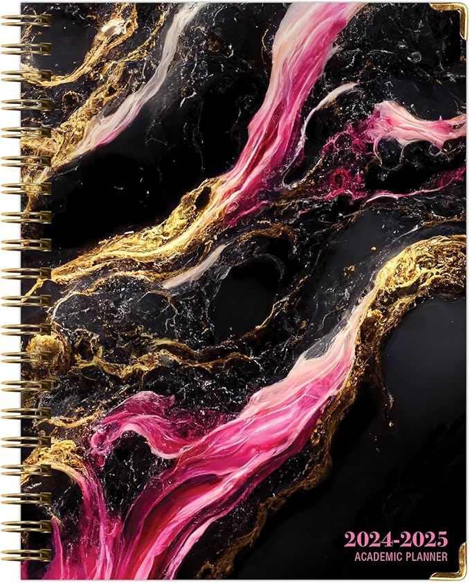 HARDCOVER Academic Year 2024-2025 Planner: (June 2024 Through July 2025) 8.5"x11" Daily Weekly Monthly Planner Yearly Agenda. Bookmark, Pocket Folder and Sticky Note Set (Dark Gold Marble)