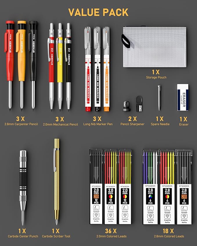 22 Pack Mechanical Carpenter Pencil Set with Sharpener 60 Refills, Automatic Center Punch, Carbide Scribe Tool, Eraser and Deep Hole Marker Pen, Heavy Duty Construction Pencil for Architect-With Pouch