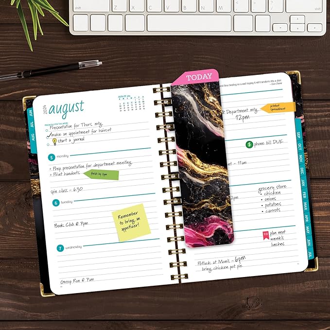 HARDCOVER Academic Year 2024-2025 Planner: (June 2024 Through July 2025) 5.5"x8" Daily Weekly Monthly Planner Yearly Agenda. Bookmark, Pocket Folder and Sticky Note Set (Dark Gold Marble)