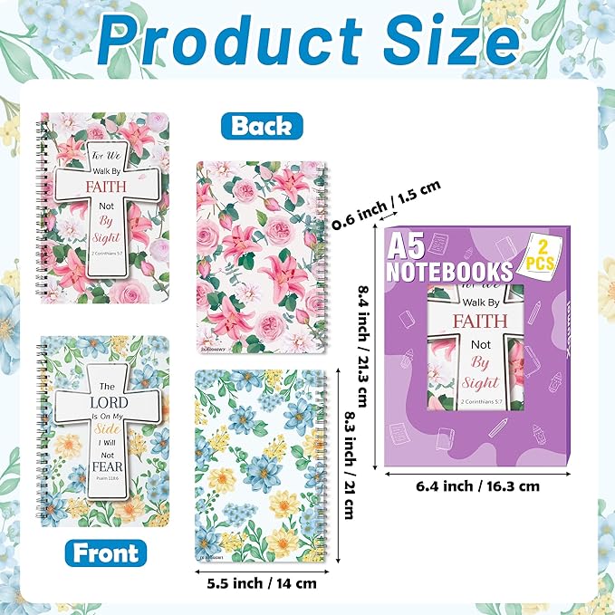 2Pack A5 Floral Cross Religious Spiral Notebooks - Bible Verses Writing Notebooks, Ruled Hardbound Lined Journal, Inspirational Christian Christmas Gift, Sunday School Supply (Pink & Blue)