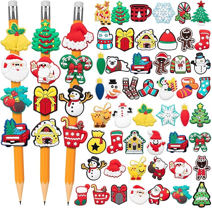 WDAHDHP Christmas Pencil Clips for Kids, 50Pcs Different Pencil Clips Topper, Cute Pencil Charms for Kids Students School Gifts Classroom Rewards