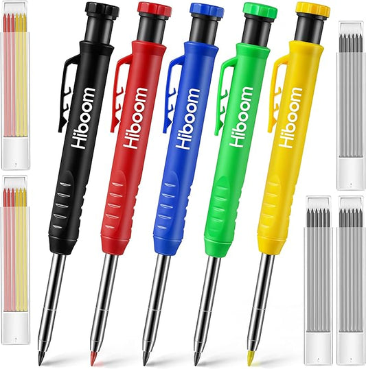 Hiboom 5 Pcs Mechanical Carpenter Pencil, 30 Pcs Refills Needle Nose Tip Hole Marker with Built in Sharpener, Scribe Making Tools for Woodworking, Design Patent (Yellow, Red, Green, Blue, Black)