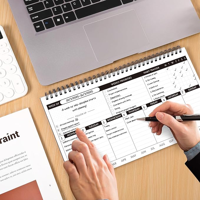 Weekly Planner, Black Undated Planner with Habit Tracker & Weekly Priorities, 6.3'' x 11.2'', To Do List Notebook with Dotted Pages for Organizing
