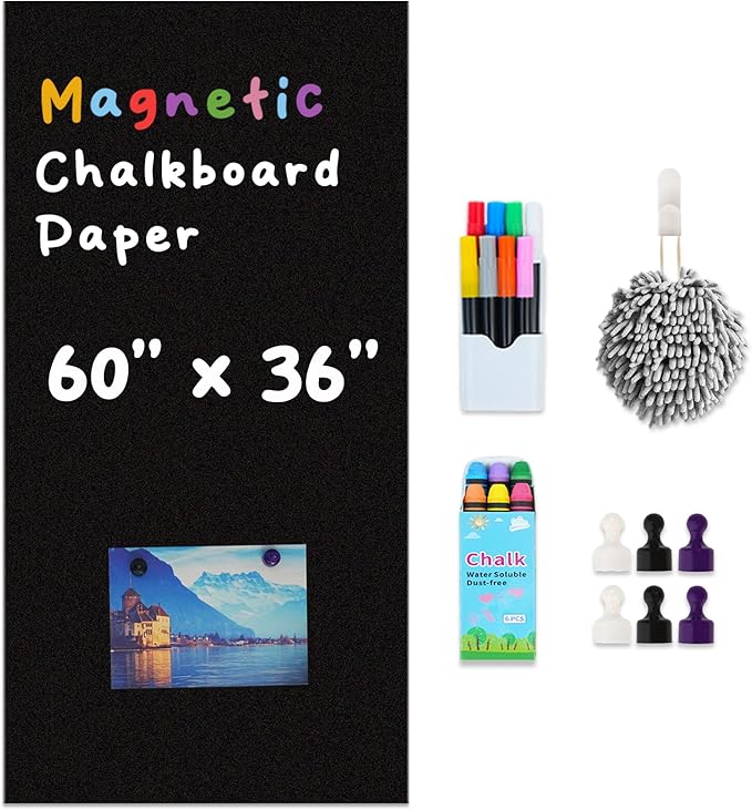 Magnetic Chalkboard Contact Paper for Wall 60" x 36" Self Adhesive Blackboard Wallpaper Peel and Stick Chalk Board Wall Decal Roll with Chalks for Kids Home Playroom Classroom