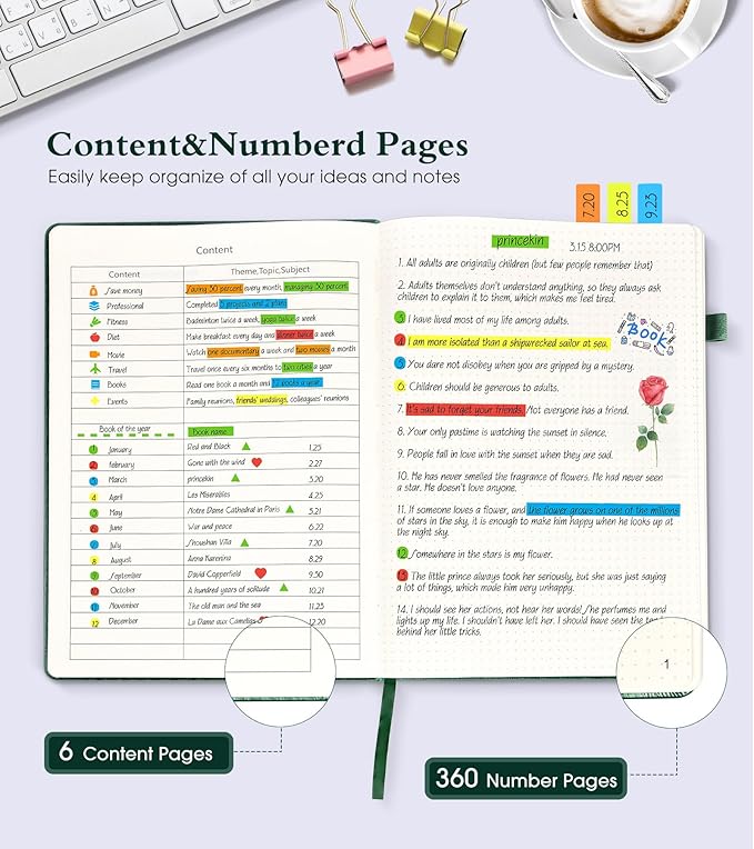 Dotted Journal Notebook, 360 Numbered Pages Dot Grid Notebooks 8.5 x 11, 100gsm Dot Paper Thick Hardcover Leather Journals for Writing Women Men, A4 Large Bullet Dotted Notebooks Green