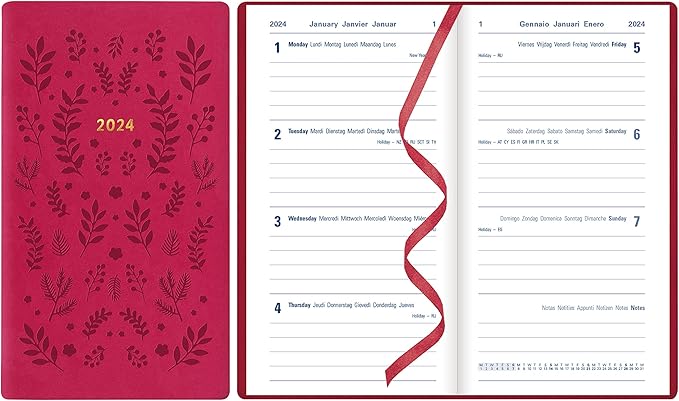 Letts of London Woodland Weekly Planner, 12 Months, January to December, 2024, Pocket Size, 5.875" x 3.125", Multilingual, Pink (C082174-24)