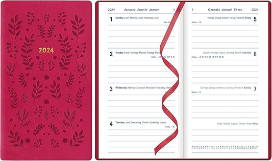 Letts of London Woodland Weekly Planner, 12 Months, January to December, 2024, Pocket Size, 5.875" x 3.125", Multilingual, Pink (C082174-24)