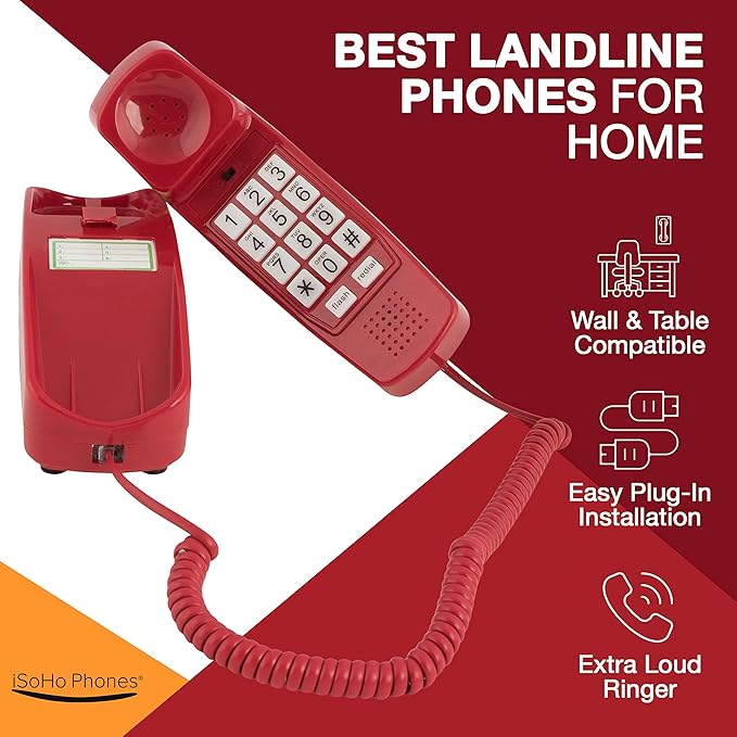 iSoHo Phones - Hearing Device-Friendly Phone – Gentle on Aching Hands, Easy-to-Press Buttons, Wall-Mountable, Custom Ringtone/Volume, Adjustable Ringer & Call Waiting with Lighted Keypad, Crimson Red