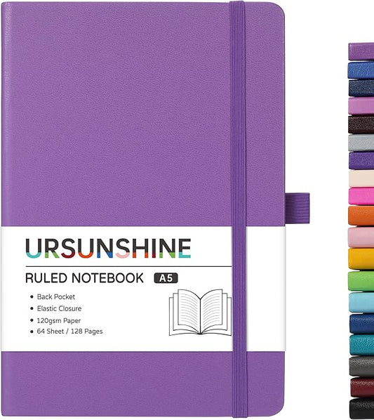 Ruled Notebook/Journal - Classic Lined Journal/Notebook, 5.3'' x 8.26'', Hardcover with Thick Paper, Banded + Pen Holder +Inner Pocket - Lavender