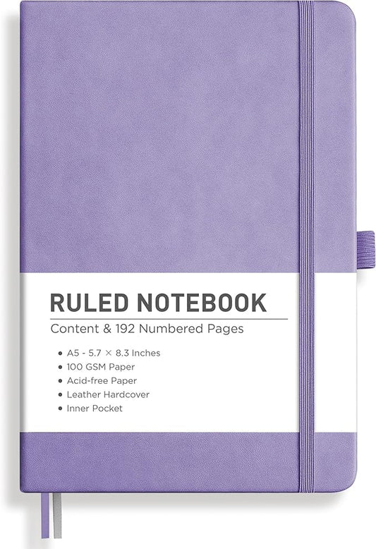 RETTACY Journaling Notebooks, A5 Lined Journal Notebook with 192 Numbered Pages, 5.7'' × 8.3'' Medium Size, for Writing, Work, Office, Leather Hardcover, 100 GSM Thick Paper (Purple)