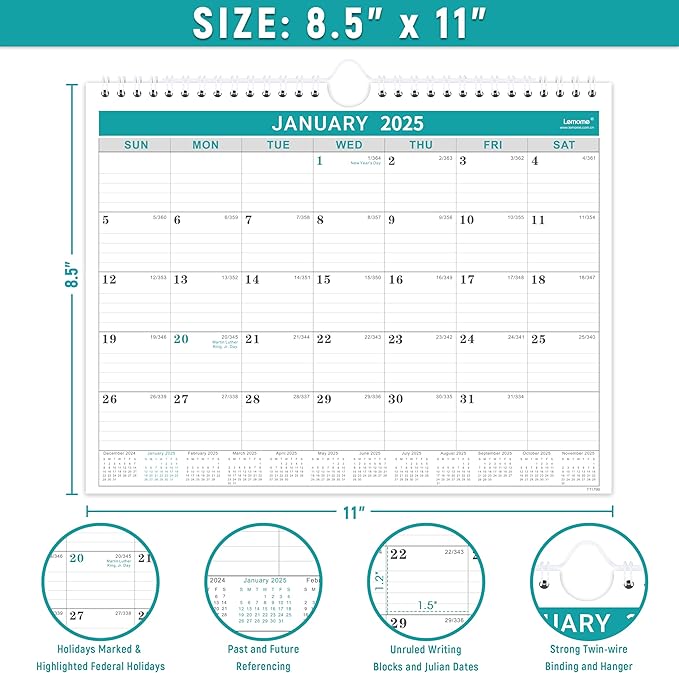 2025 Wall Calendar - Monthly Calendar 2025, 8.5" x 11", January 2025 to December 2025, Calendar with Twin-Wire Bound, Wall Calendar with Writing Blocks