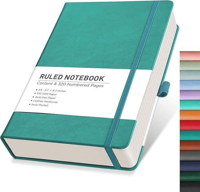 RETTACY Journaling Notebooks, A5 Lined Notebook Journal with 320 Numbered Pages, 5.7'' × 8.3'', Medium Size, Journal Notebook for Writing, Work, Leather Hardcover, 100 GSM Thick Paper (Cyan)
