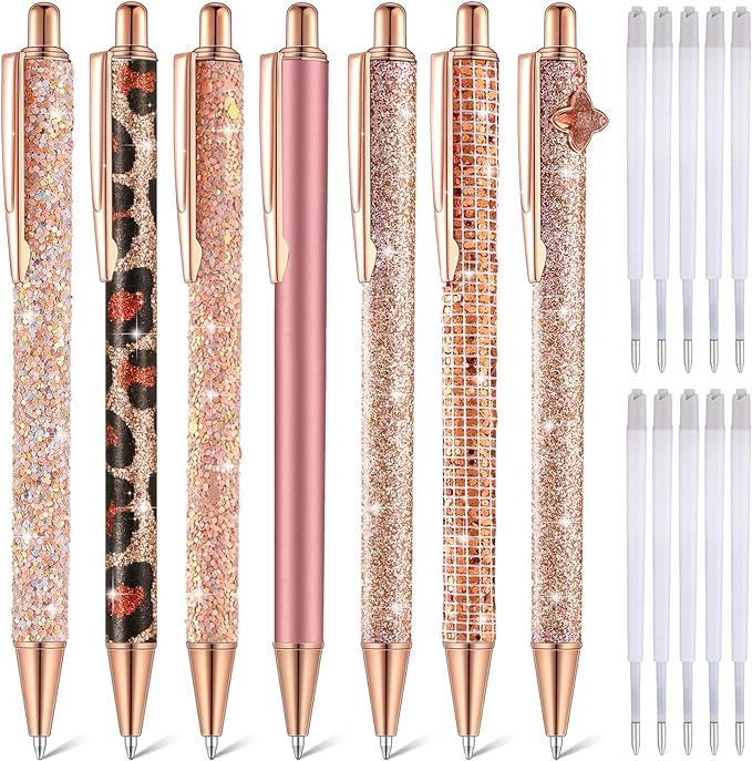 Sherr 7 Pcs Fancy Pens for Women Cute Sparkly Glitter Pens with 10 Pcs Black Ink Refills Pretty Gifts for Girls Office School Christmas Graduation(Rose Gold,Elegant)
