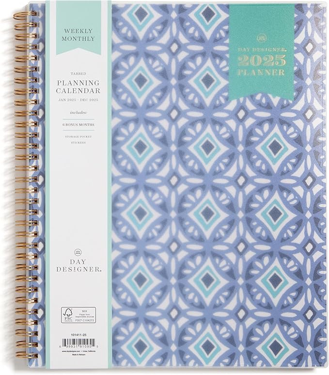 Blue Sky Day Designer 2025 Weekly and Monthly Planner Calendar, January 2025 - December 2025, 8.5" x 11", Flexible Frosted Cover, Wirebound, Storage Pocket, Tile