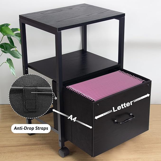 2 Tier Metal Mobile Under Desk Home Printer Stand with Storage Drawer Small File Cabinet for Home Office with Wheels Printer Tables for Small Spaces, Black