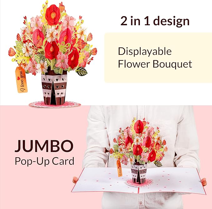 Paper Love HugePop 3D Lovely Flower Vase Pop Up Card, with Detachable Paper Flower Bouquet, For Birthday, All Occasions - Jumbo 10" x 14" Cards - Envelope and Note Tag