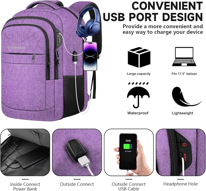 Lapsouno Extra Large Travel Backpack, Travel Laptop Backpack, Multiple Pockets 17.3 Inch Carry on Backpack with USB Port, TSA Friendly Water Resistant College School Business Bag for Women, Purple