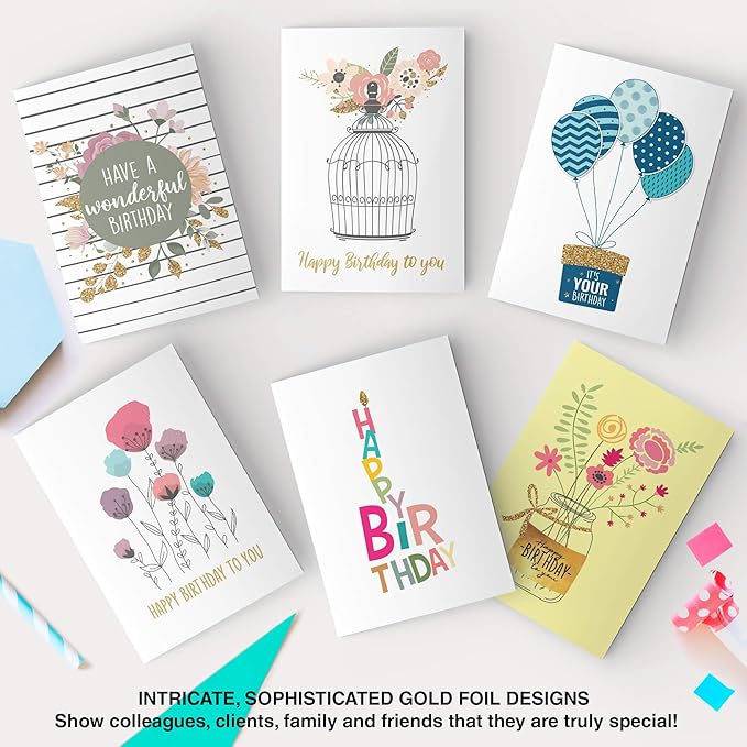 Dessie 30 Unique Happy Birthday Cards 5x7 - Gold Foil Birthday Cards Bulk With Message Inside. 32 White and Colored Envelopes, Perpetual Birthday Calendar and Gold Sealing Stickers Included In Box