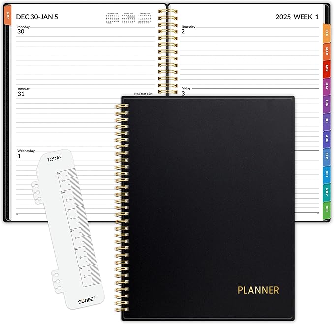 SUNEE 2025 Weekly and Monthly Planner - from January 2025 - December 2025, 8.5"x11" Daily Agenda Planner with Monthly Tab, Flexible Cover, Note Pages, Pockets, Bookmark, Spiral Binding, Black