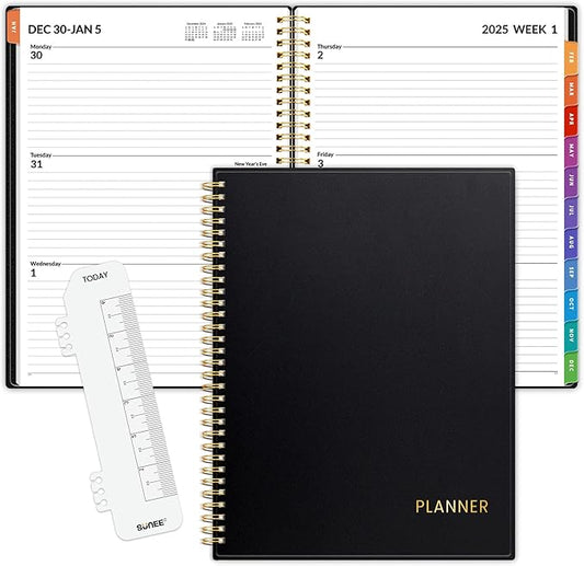 SUNEE 2025 Weekly and Monthly Planner - from January 2025 - December 2025, 8.5"x11" Daily Agenda Planner with Monthly Tab, Flexible Cover, Note Pages, Pockets, Bookmark, Spiral Binding, Black