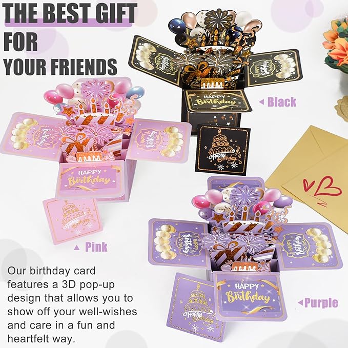 Surprise Pop Up Happy Birthday Cards, Lovely 3D Birthday Card for Adults and Kids with Envelopes, Unique Design Handmade Foldable Greeting Cards for Daughter, Son, Mom, Dad, Friend（Purple）