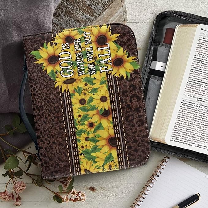 Lotusorchid PU Leather Bible Bag for Women with Inspiring Bible Verses, Sunflower Leopard Print Bible Cover Women Girls, Sturdy Bible Book Carrying Bags Christian Bible Study Accessories, XL