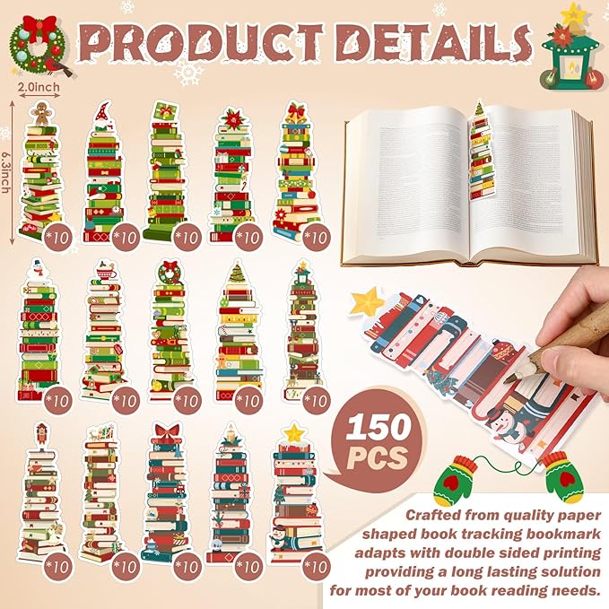 150 Pcs Book Tracker Bookmarks Bulk 6.3 x 1.97 Inch Bookshelf Design Bookmarks Paper Book Tracking Bookmark Double Sided Reading Page Markers for Book Lovers Students School (Christmas)